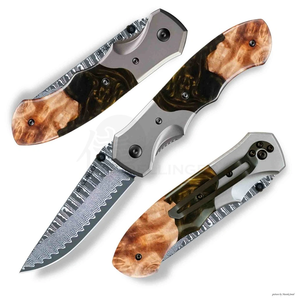 Lovecký zavírací damaškový nůž Dellinger Hunter Resin Wood.